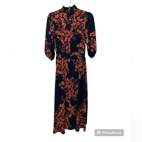 Nanette Lepore, High Low Women’s Dress, Navy and Orange Floral, Long Sleeve, 2 - Picture 3 of 5